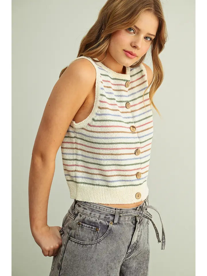 Striped Button Front Knitted Top