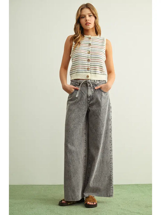 Striped Button Front Knitted Top