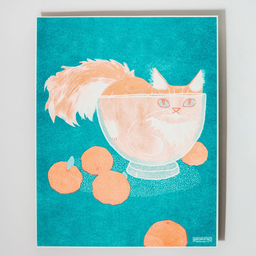 Orange Cat in A Bowl Risograph Art Print