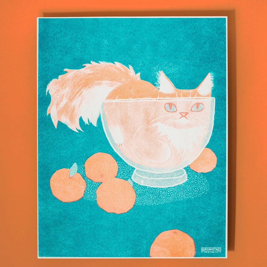 Orange Cat in A Bowl Risograph Art Print