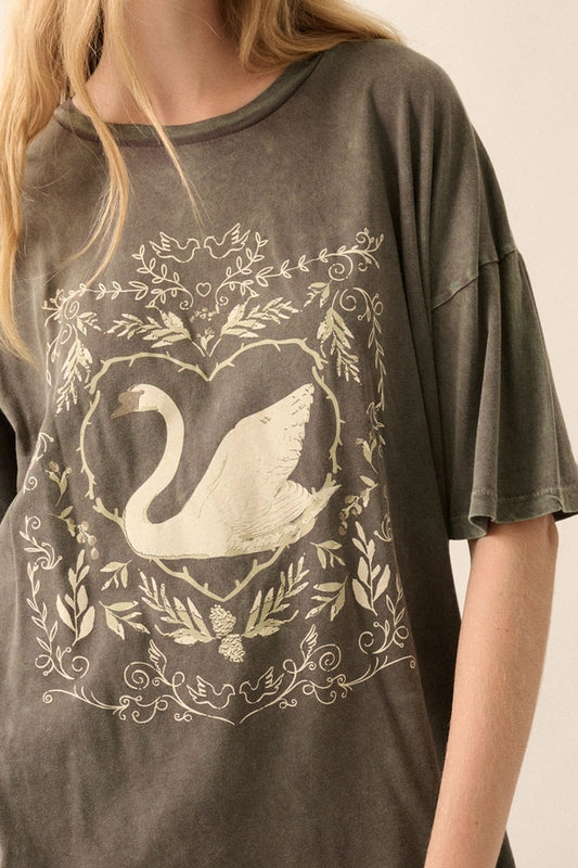 Ornate Swan Vintage-Wash Oversize Graphic Tee