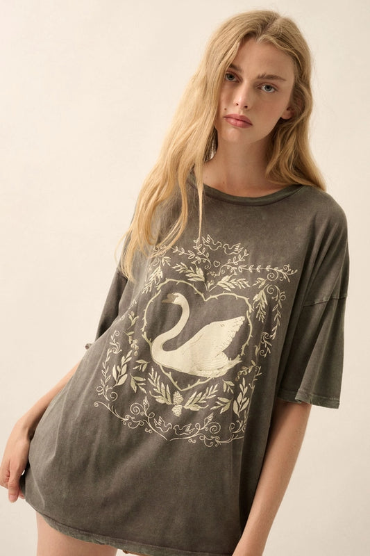 Ornate Swan Vintage-Wash Oversize Graphic Tee