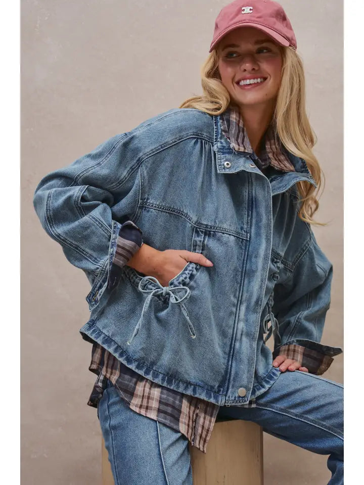 Oversized Drawstring Denim Jacket with Stand Collar