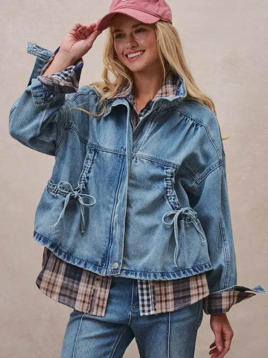 Oversized Drawstring Denim Jacket with Stand Collar