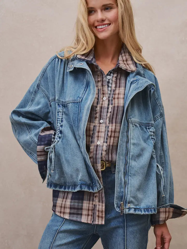 Oversized Drawstring Denim Jacket with Stand Collar