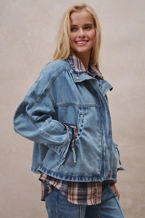 Oversized Drawstring Denim Jacket with Stand Collar