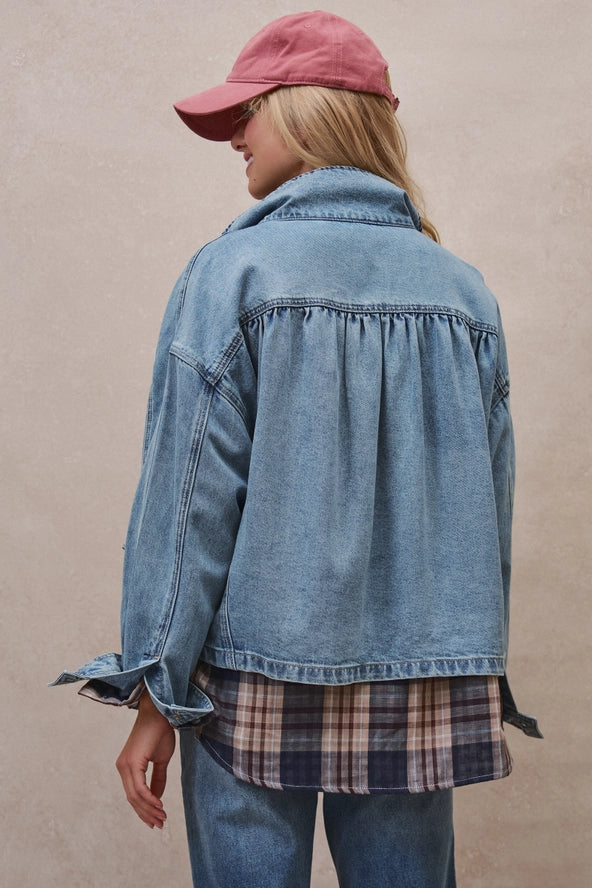Oversized Drawstring Denim Jacket with Stand Collar