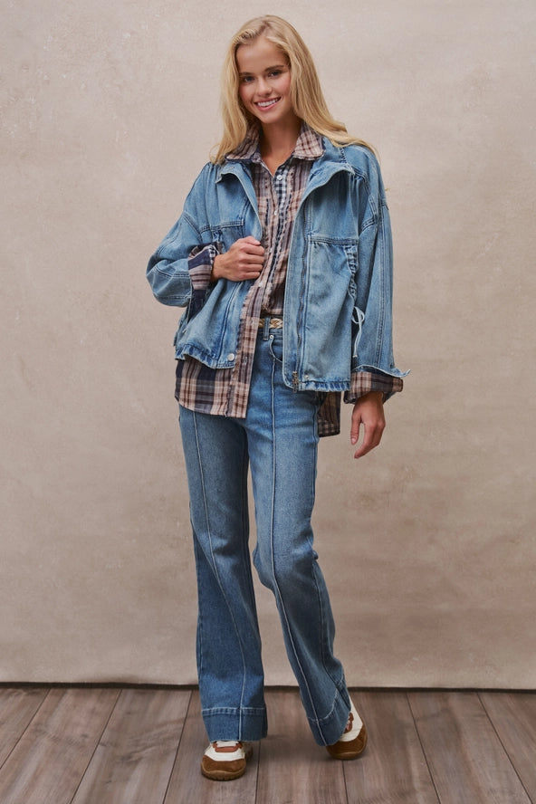Oversized Drawstring Denim Jacket with Stand Collar