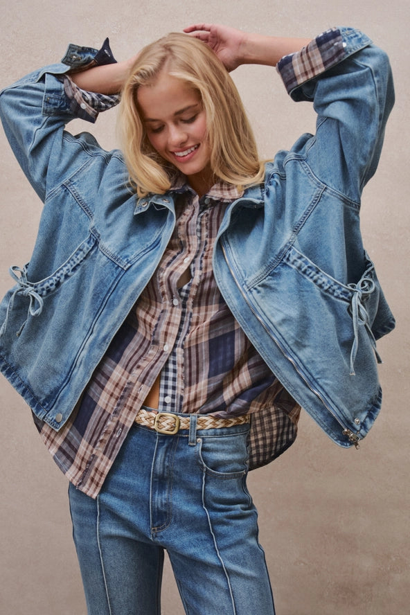 Oversized Drawstring Denim Jacket with Stand Collar