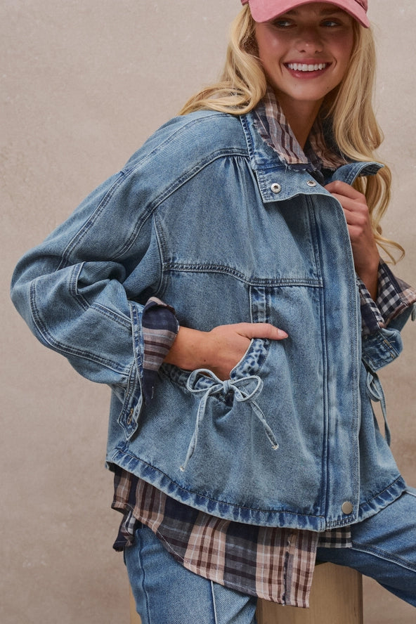 Oversized Drawstring Denim Jacket with Stand Collar