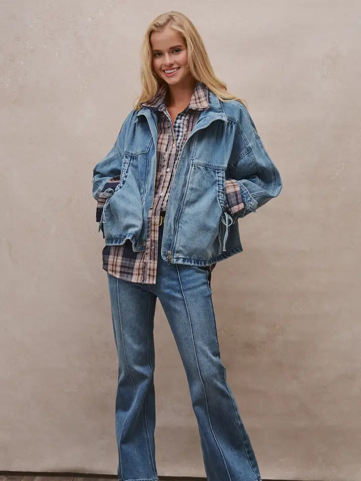 Oversized Drawstring Denim Jacket with Stand Collar