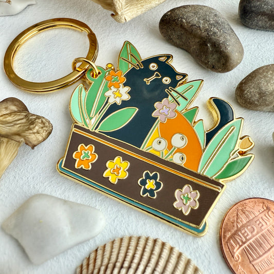Pecan Cat and Flowers Enamel Keychain