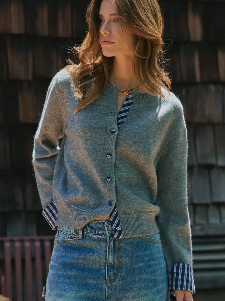 Plaid Trim Layered Button Cardigan Sweater