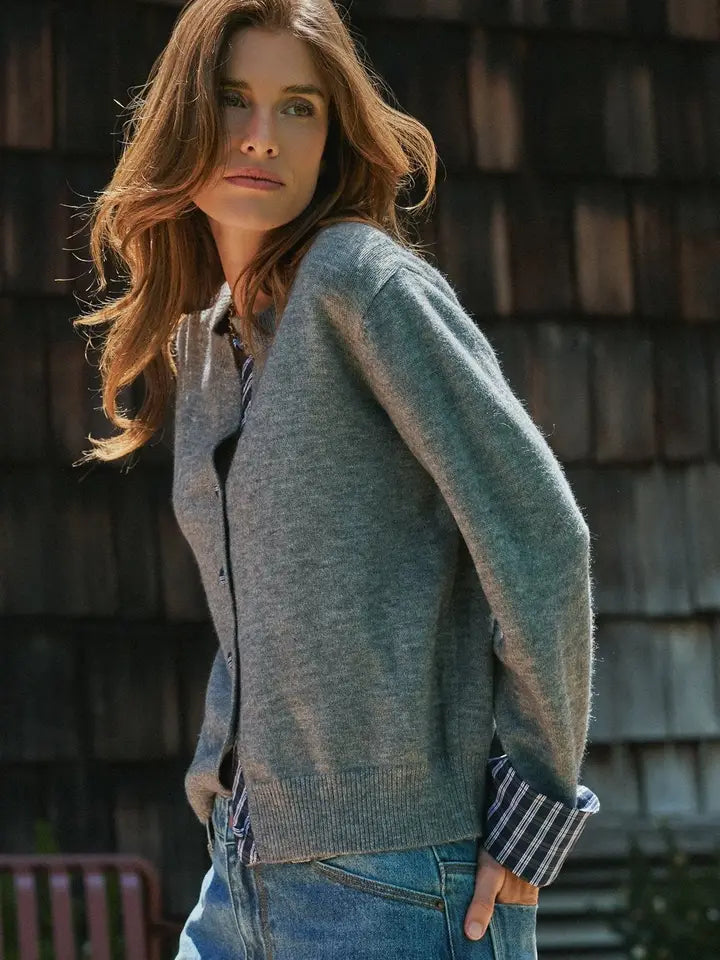 Plaid Trim Layered Button Cardigan Sweater