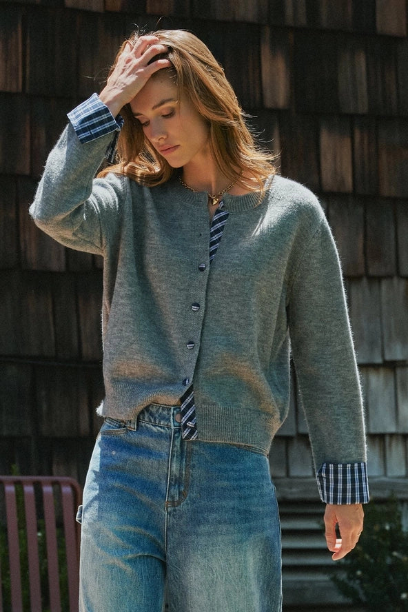 Plaid Trim Layered Button Cardigan Sweater