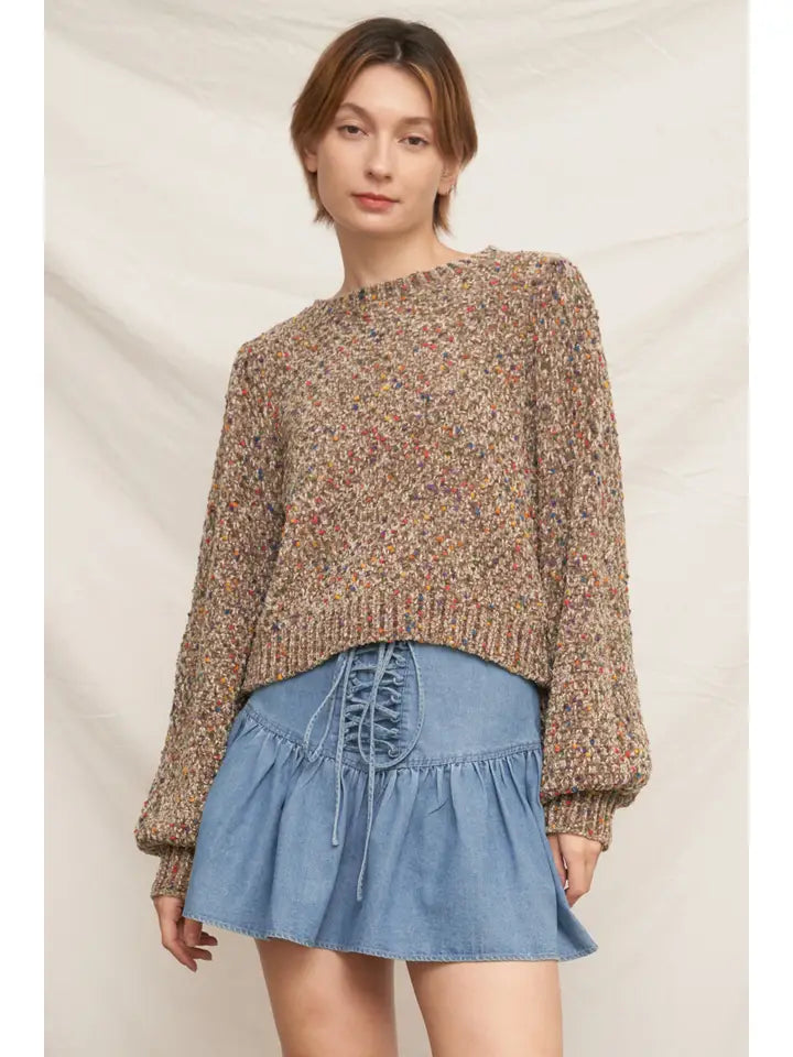 Puffed Sleeve Cropped Confetti Sweater