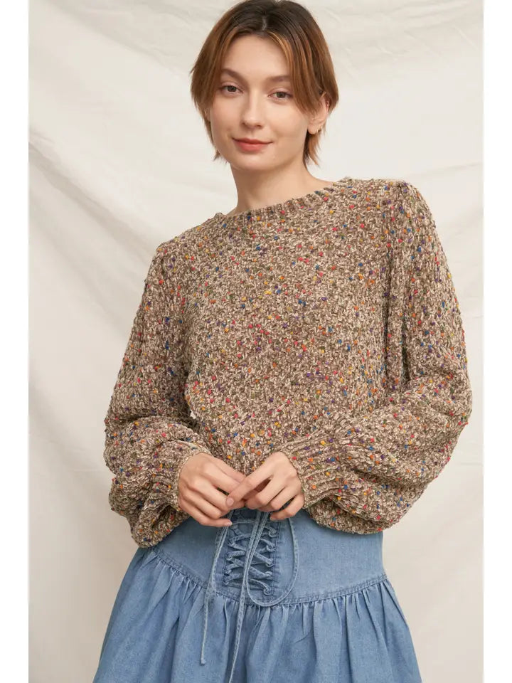 Puffed Sleeve Cropped Confetti Sweater