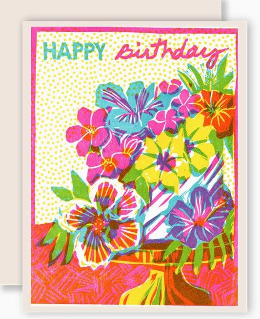Happy Birthday Tropical Floral Cake Letterpress Card