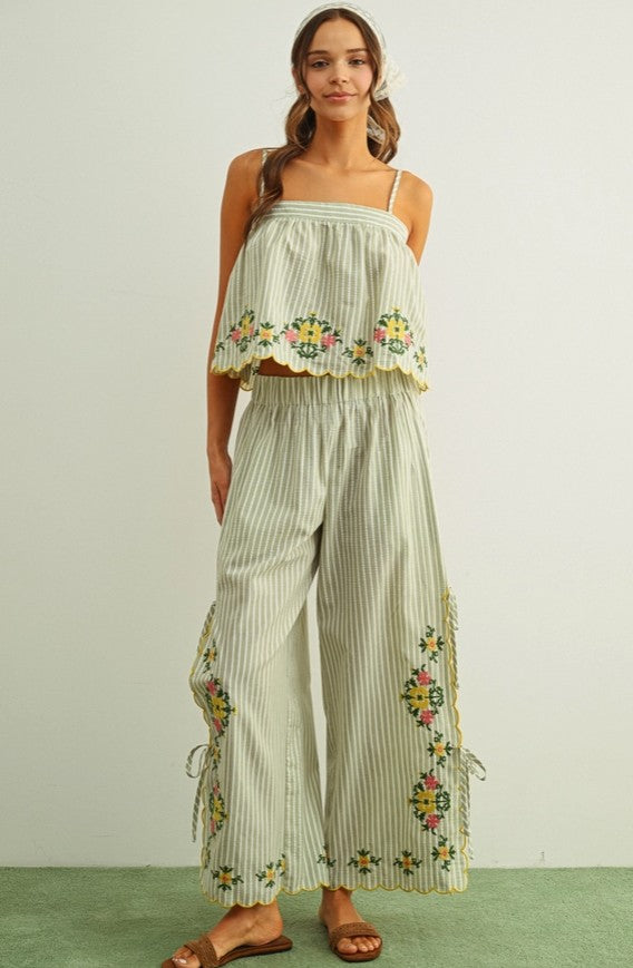 Floral Embroidery with Striped Top