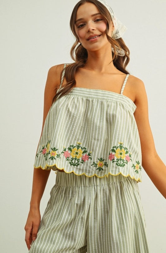 Floral Embroidery with Striped Top