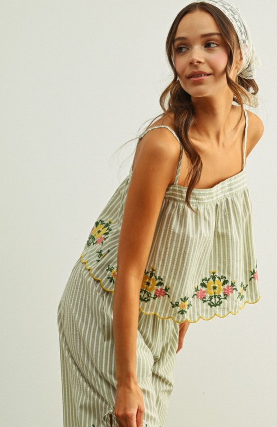 Floral Embroidery with Striped Top