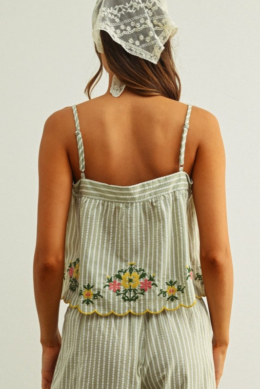 Floral Embroidery with Striped Top
