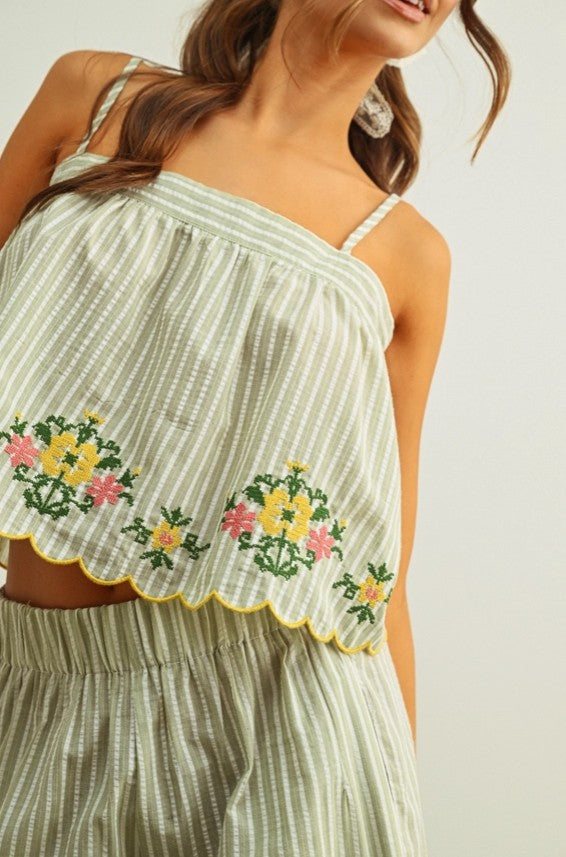 Floral Embroidery with Striped Top