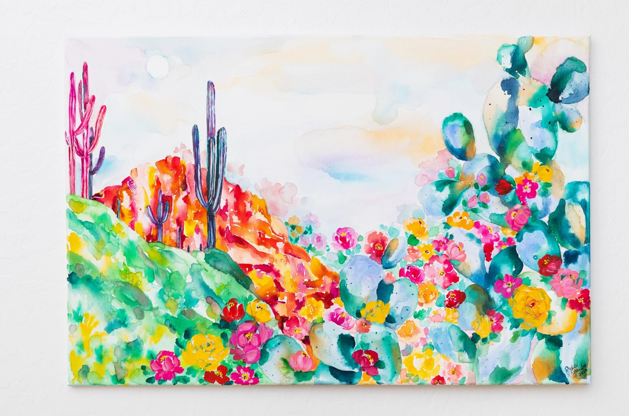 Prickly Pear Flowers Red Rock Saguaro Watercolor Print 8X12