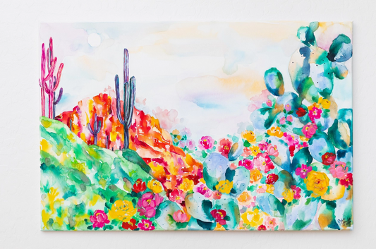 Prickly Pear Flowers Red Rock Saguaro Watercolor Print 8X12