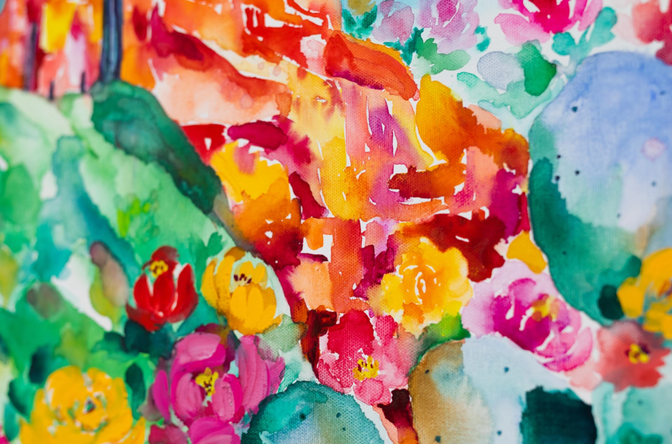 Prickly Pear Flowers Red Rock Saguaro Watercolor Print 8X12