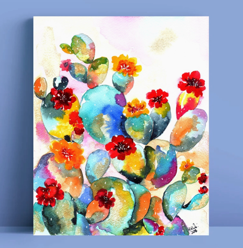 Prickly Pear Rainbow Desert Cactus Watercolor Art Print 8 X 10