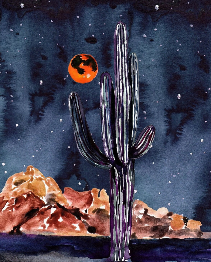 Red Night Saguaro Watercolor Art Print 8X10