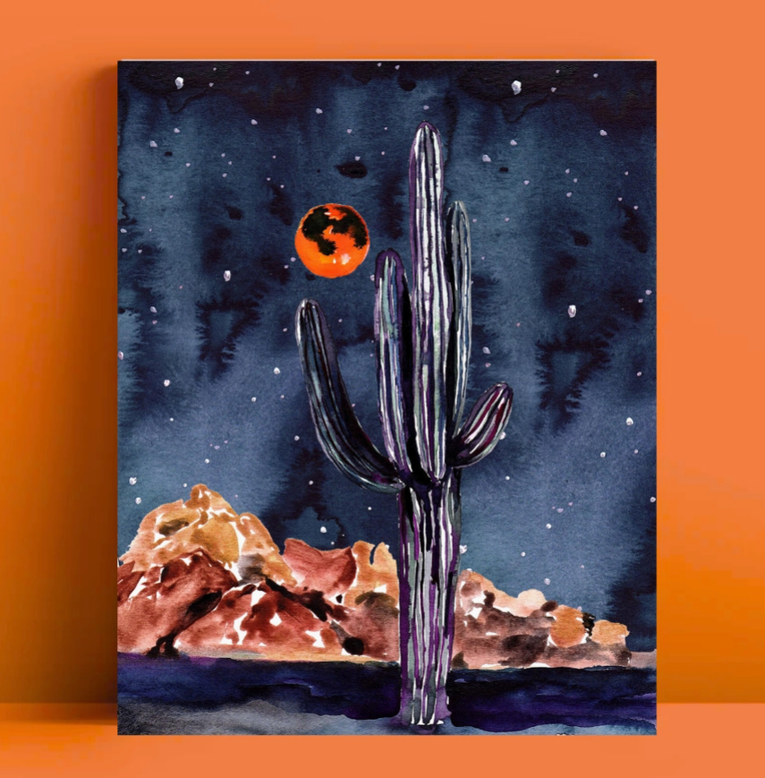 Red Night Saguaro Watercolor Art Print 8X10