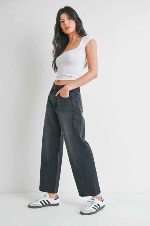 High Rise Twist Seam Barrel Jean
