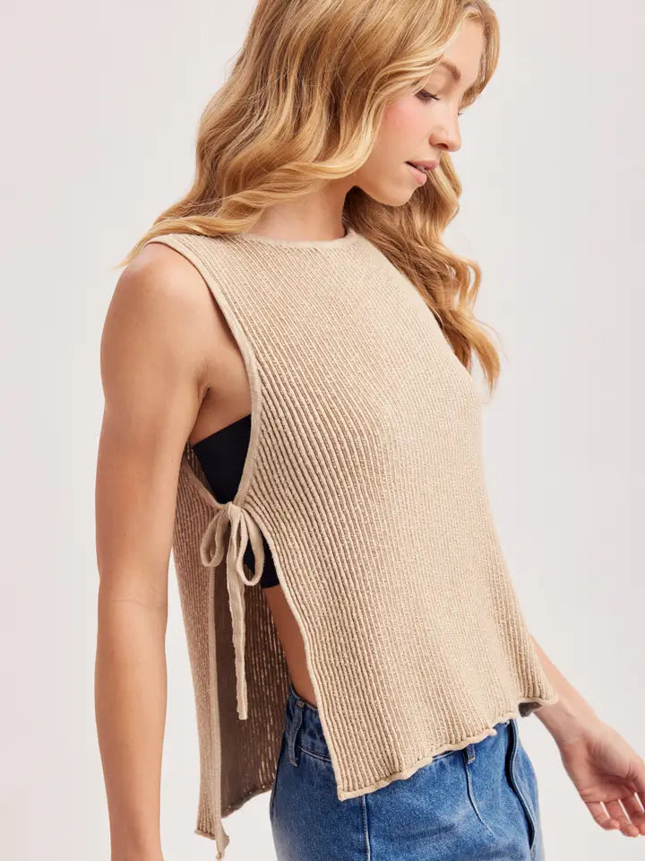Sleeveless Ribbed Knit Tied Open Side Top