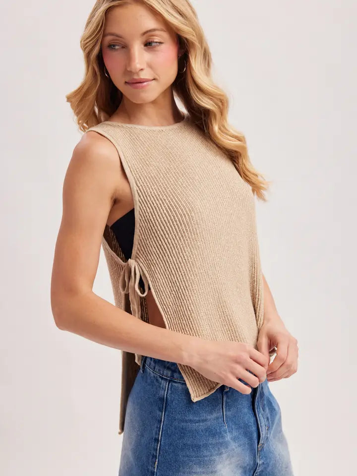 Sleeveless Ribbed Knit Tied Open Side Top