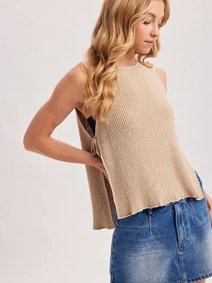 Sleeveless Ribbed Knit Tied Open Side Top