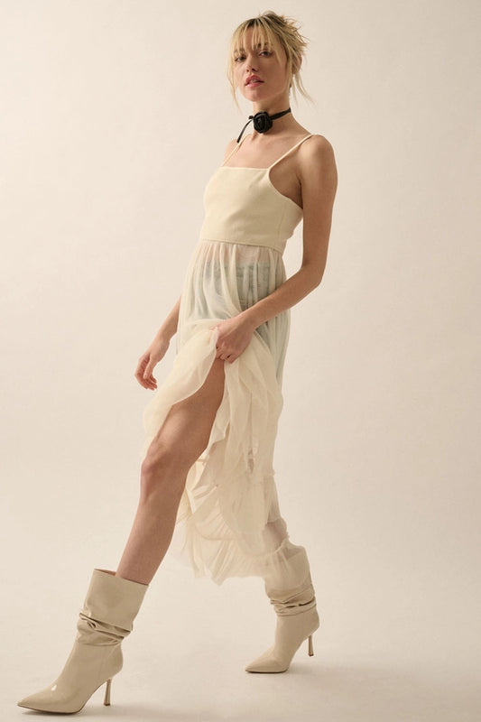 Solid Rib-Knit Bodice Pleated-Organza Dress