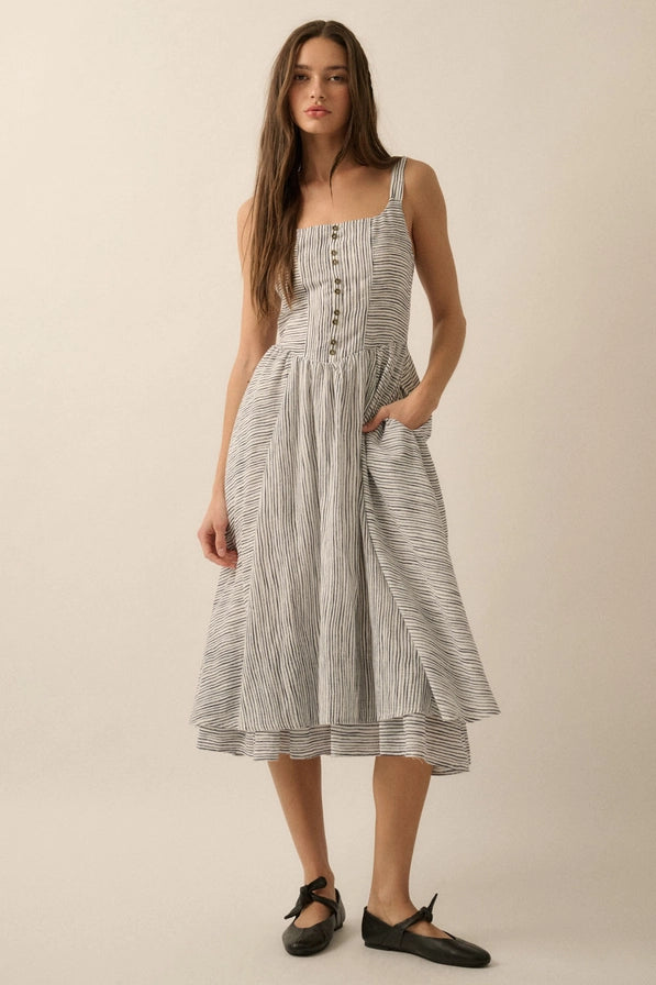 Striped Layered Fit-And-Flare Midi Dress