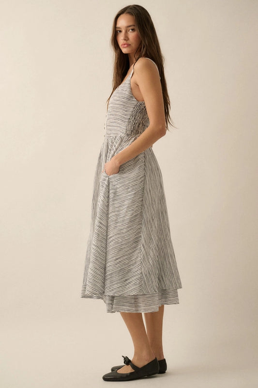 Striped Layered Fit-And-Flare Midi Dress