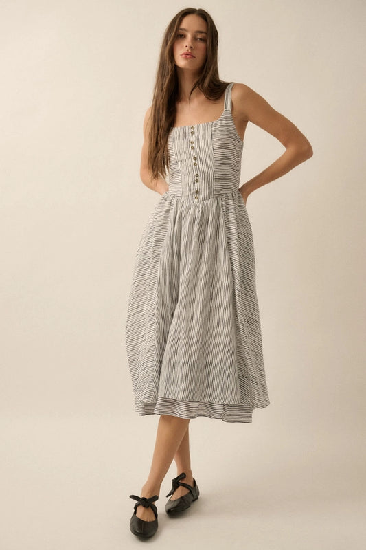 Striped Layered Fit-And-Flare Midi Dress