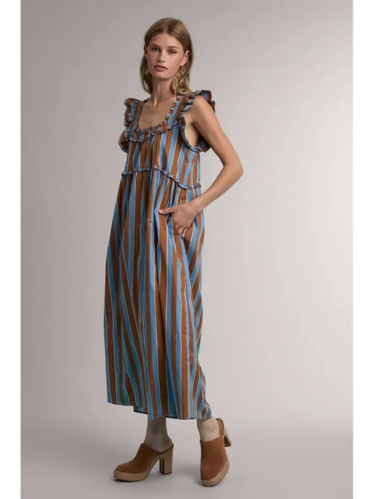Striped Ruffle Detail Midi Dress with Pockets
