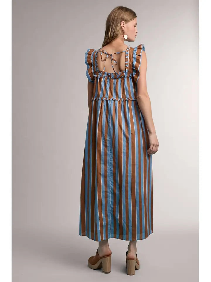 Striped Ruffle Detail Midi Dress with Pockets