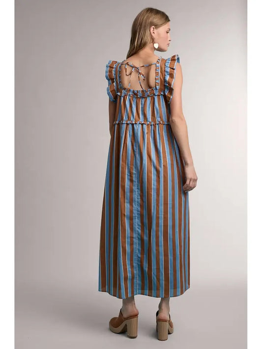 Striped Ruffle Detail Midi Dress with Pockets