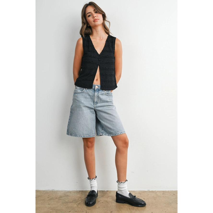 Textured Sleeveless Button-Front Vest Top