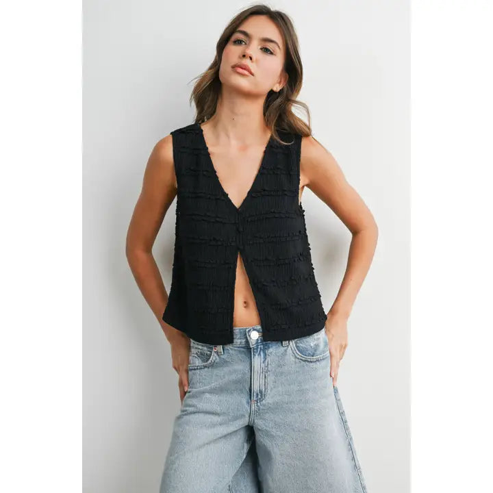 Textured Sleeveless Button-Front Vest Top