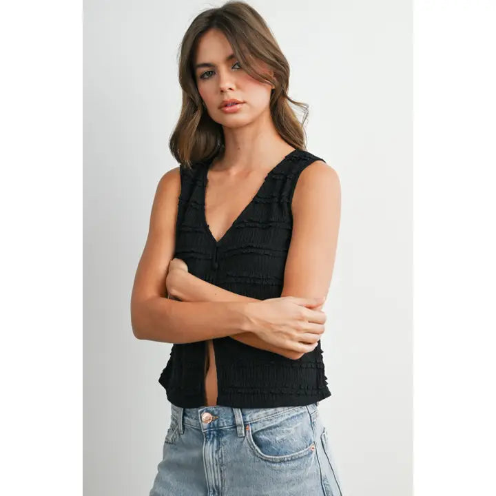 Textured Sleeveless Button-Front Vest Top