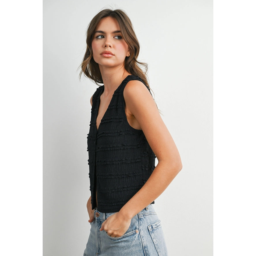 Textured Sleeveless Button-Front Vest Top