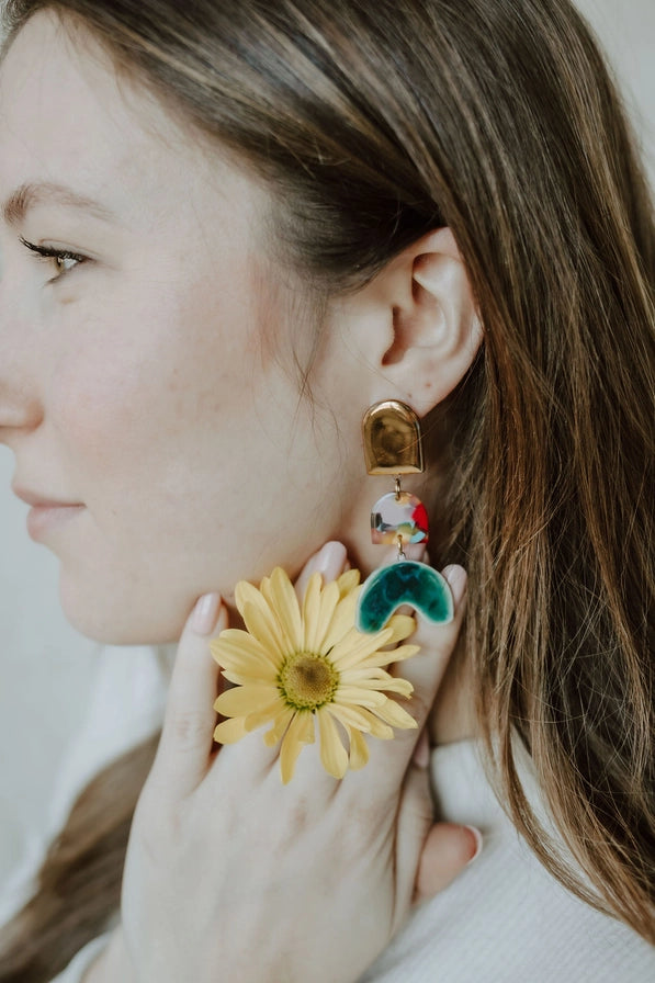 Tiered Rainbow + Emerald Arch Porcelain Earrings