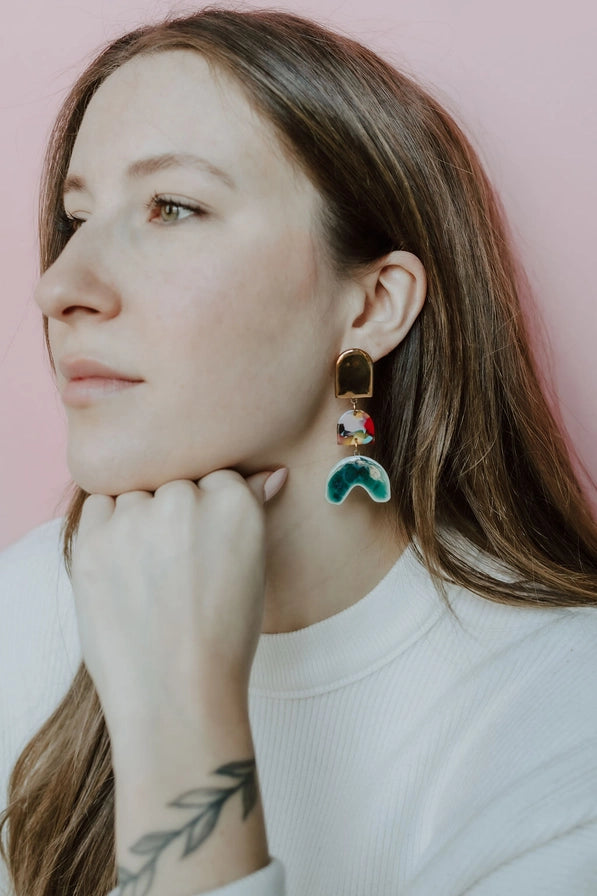 Tiered Rainbow + Emerald Arch Porcelain Earrings